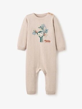 Elegant Baby Knit One-Piece Sweater Romper in Taupe with Fox Treehouse Design